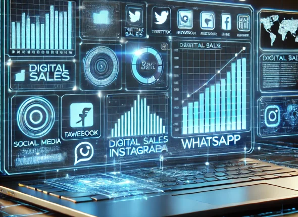 DALL·E 2025-03-13 11.01.35 - A futuristic digital sales interface with glowing blue holographic panels displaying analytics, graphs, social media icons (Twitter, Facebook, Instagr